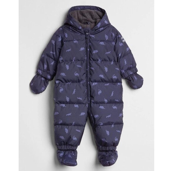GAP Baby Puffer DOWN 6-12 months ColdControl Ultra Max Snowsuit Navy Dino - Picture 1 of 9